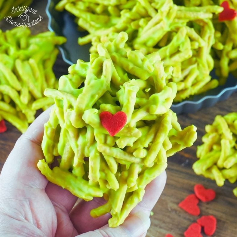 green haystack cookies with a red candy heart