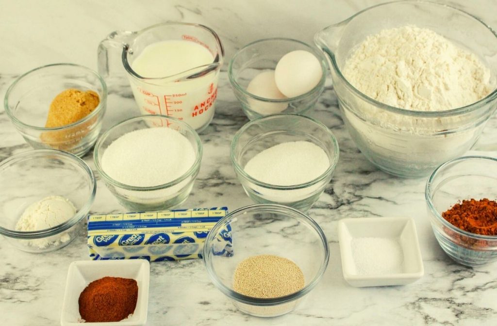 Ingredients for Red Velvet Cinnamon Rolls from scratch