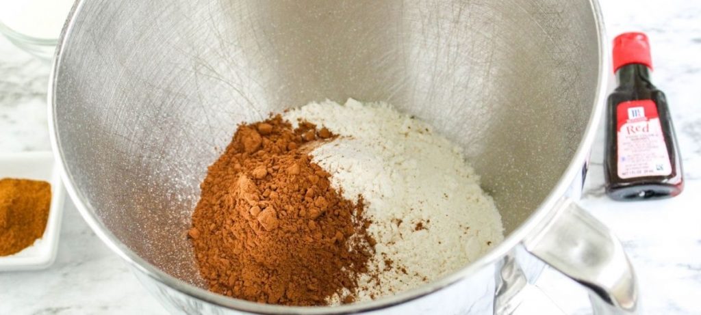 Large mixing bowl with dry ingredients