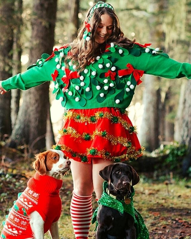 Red and Green with white pom poms Ugly Christmas Sweater