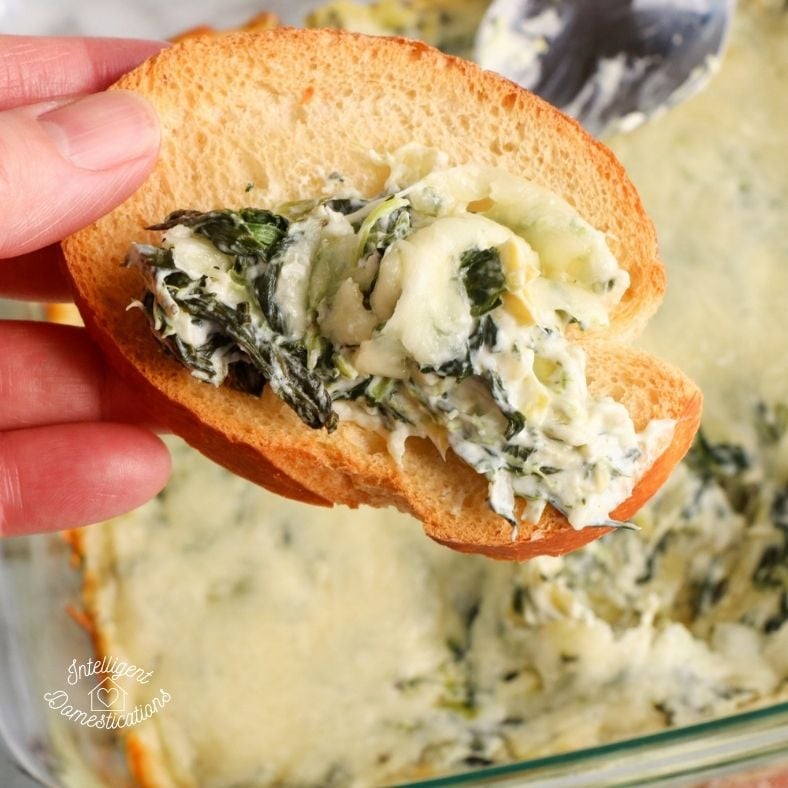 Spinach Artichoke Dip on a piece of toasted French bread