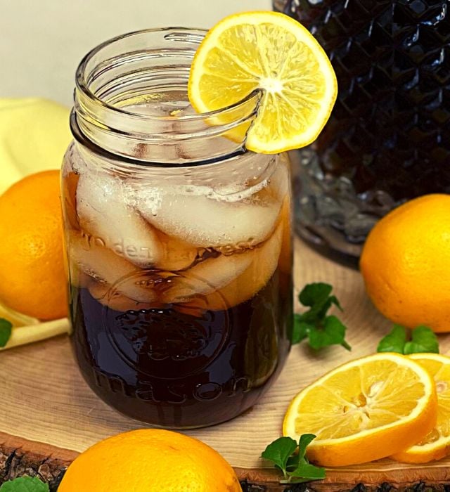 A glass of southern sweet tea with a lemon