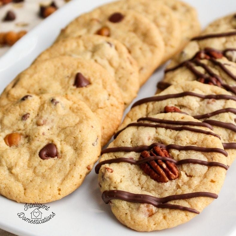 chocolate chip turtle cookies on a white dish