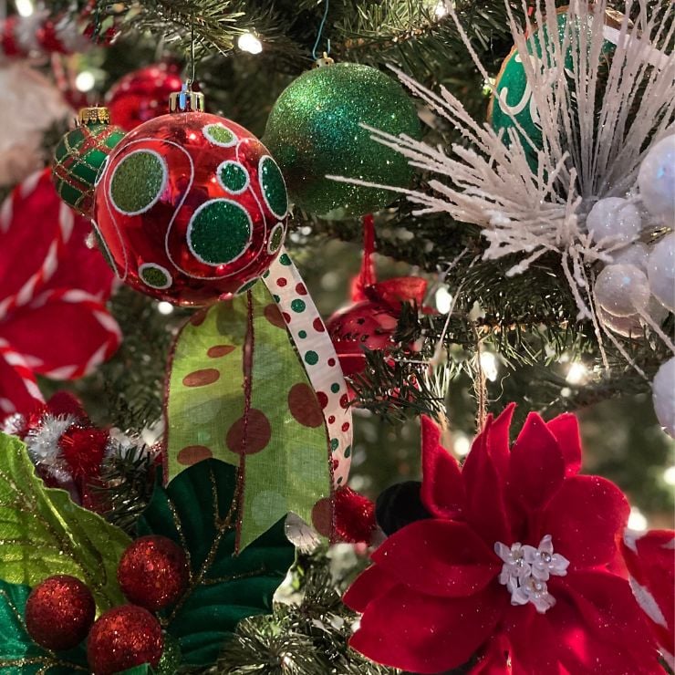 Polka dots and stripe ornaments on the candy cane tree