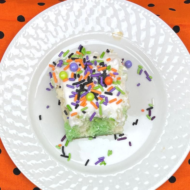Halloween sprinkles on a lime poke cake