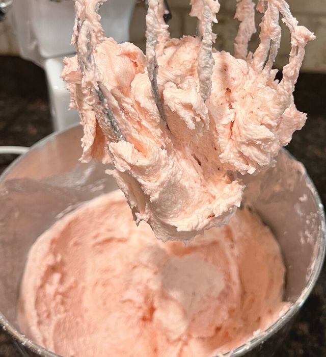 Strawberry Buttercream frosting on the beater