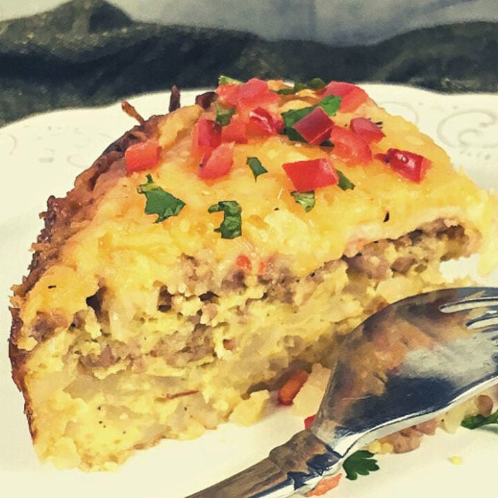 A serving of Southwest Breakfast Casserole on a white dish