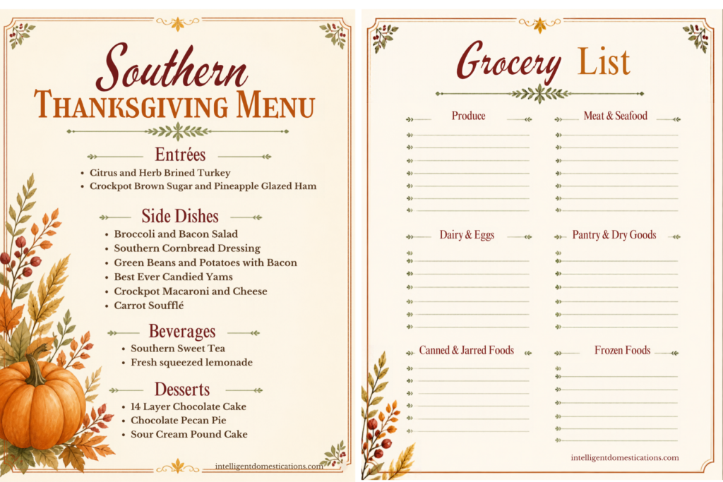 A photo preview of our Southern Thanksgiving Menu and Grocery list printable.