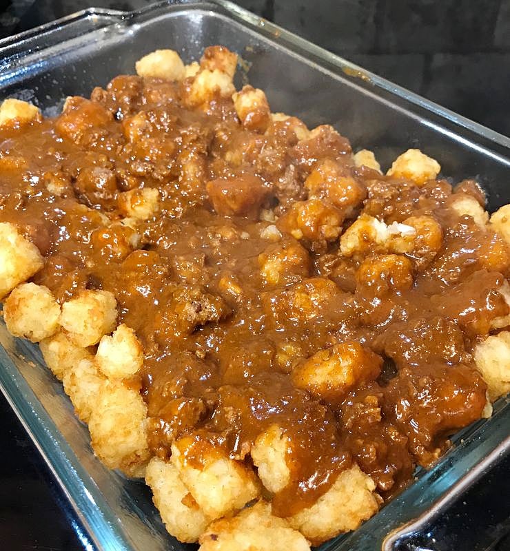 Tater Tots covered with hot chili