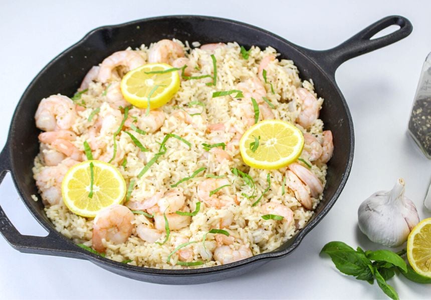 Lemon Shrimp and Fried Rice in an Iron skillet