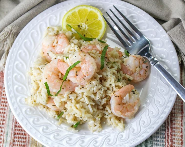 Lemon Shrimp and Fried Rice on a white dinner plate
