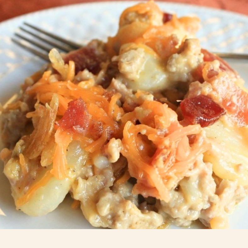 meat and potato casserole with melted cheese on top