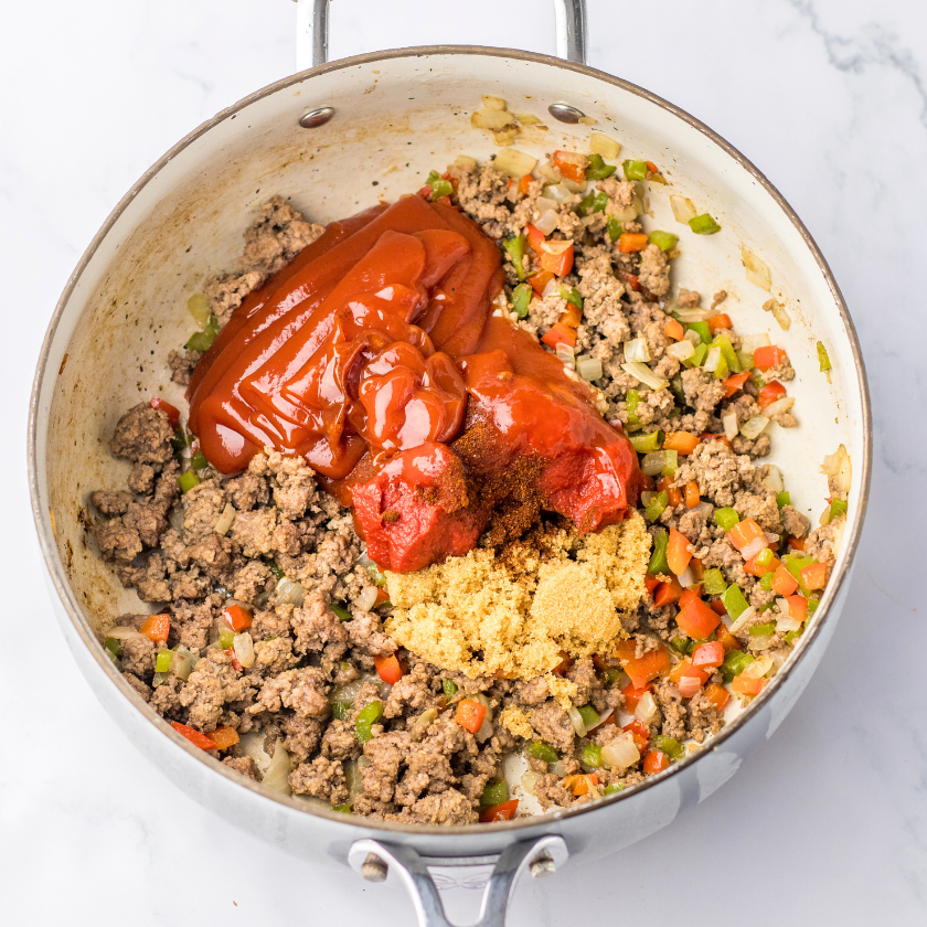 Homemade Sloppy joe ingredients in a skillet