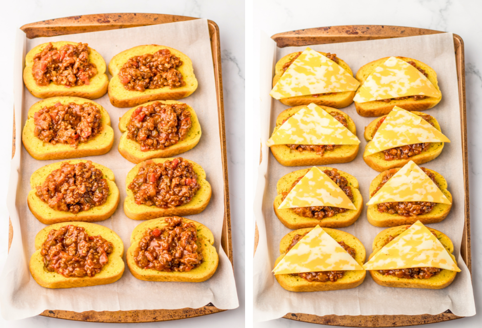 Sloppy Joe Texas Toast being assembled on sheet pan