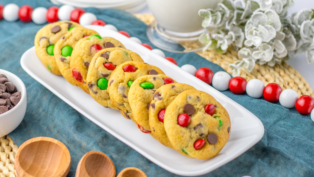 Christmas Chocolate chip cookies on a long serving platter