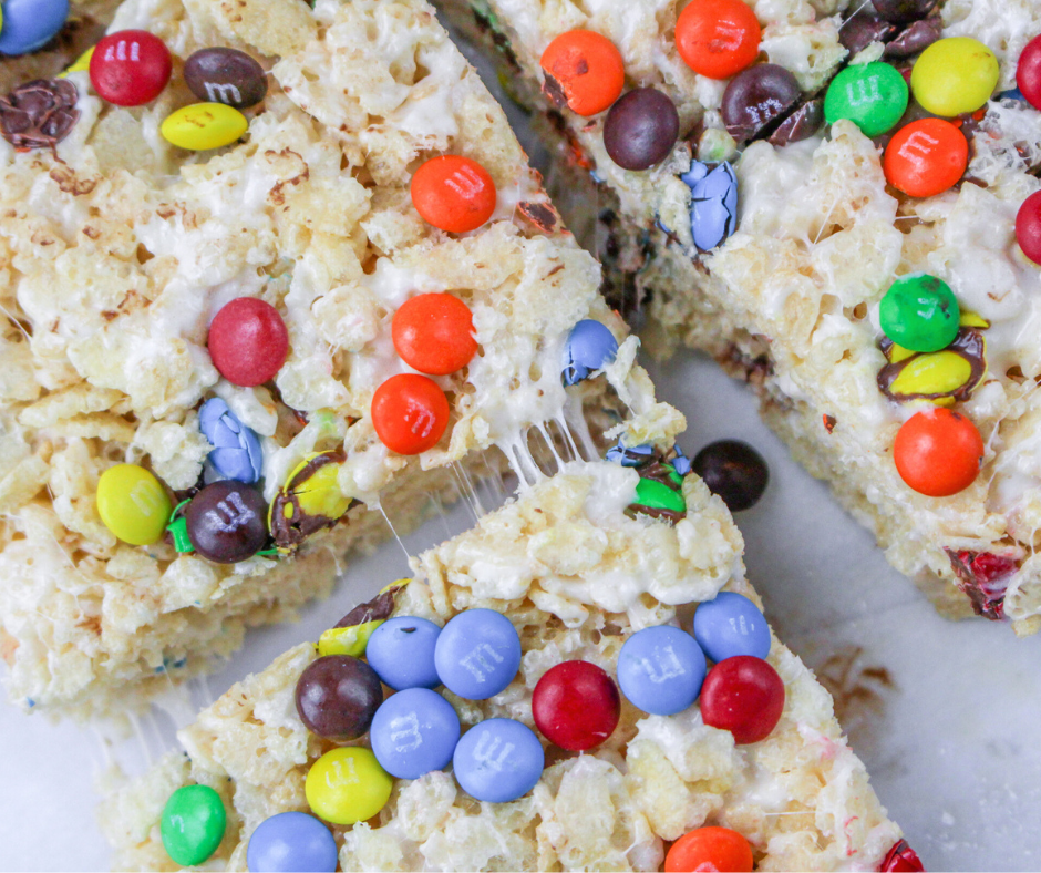 M&M Rice Krispies Treats on a serving plate