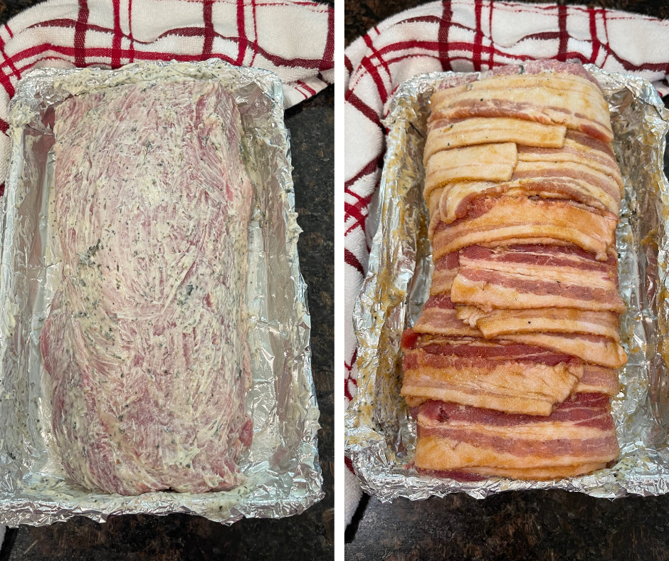 pork loin covered in herb butter and then wrapped in bacon