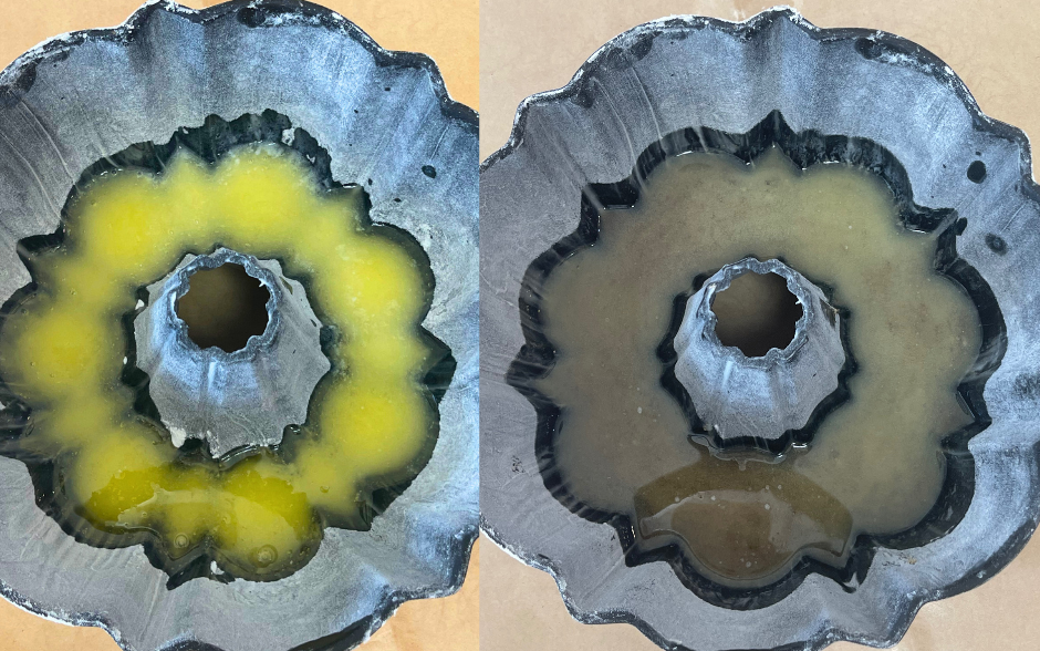 Bundt pan with melted butter and brown sugar in the bottom