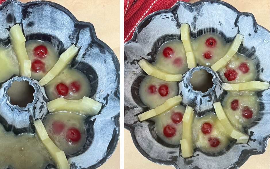 Pineapple slices and maraschino cherries in a Bundt pan