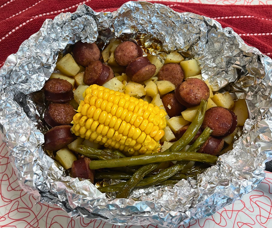 Sausage Foil Packet with potatoes, corn and green beans